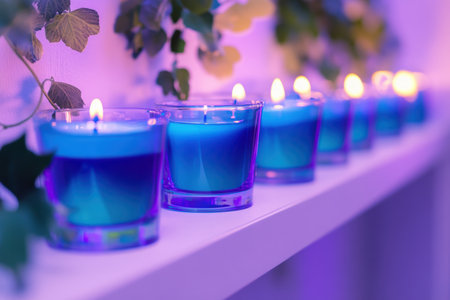 Lit candles on a shelf with a plant in the background create a warm ambiance,.の素材
