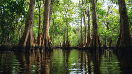 Trees rise from the water, thriving in the heart of a lush swamp environment,.の素材
