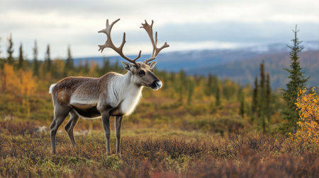 A reindeer stands in a field surrounded by trees in the background,.の素材