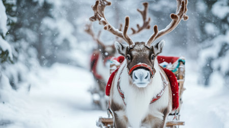 Reindeers pull a sleigh carrying one reindeer through a snowy landscape,.の素材