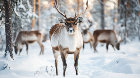 A group of deer stands peacefully in a snowy landscape,.の素材