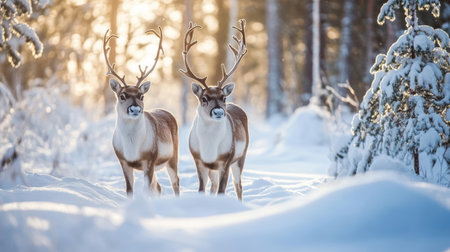 Two deer stand in the snow among trees in a serene winter landscape,.の素材