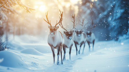 Three reindeers stroll through the snowy woods, surrounded by trees and winter scenery,.の素材