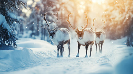 Three reindeers stroll through a snowy forest surrounded by tall trees,.の素材