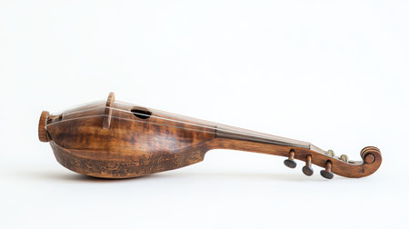 A wooden instrument rests on a clean white surface, showcasing its craftsmanship and design,.の素材