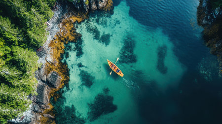 A man paddles in a canoe on calm waters surrounded by nature from an aerial perspective,.の素材