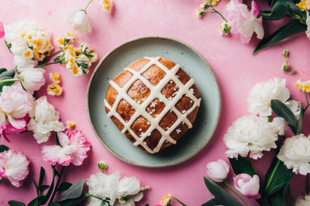 A plate holds a pastry, beautifully adorned with surrounding flowers,.の素材