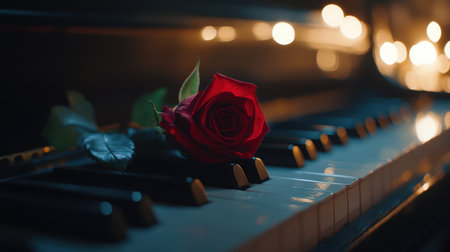 A rose rests elegantly on a piano keyboard, merging nature and music beautifully,.の素材