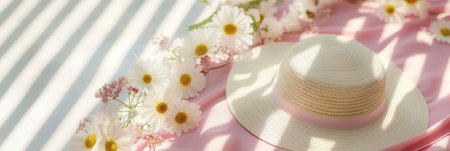 A colorful hat and vibrant flowers placed on a pink tablecloth create a cheerful scene,.の素材