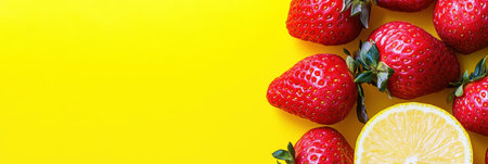 A vibrant yellow background showcases numerous strawberries alongside a single lemon,.の素材