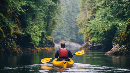 A man paddles a yellow kayak down a flowing river surrounded by nature,.の素材