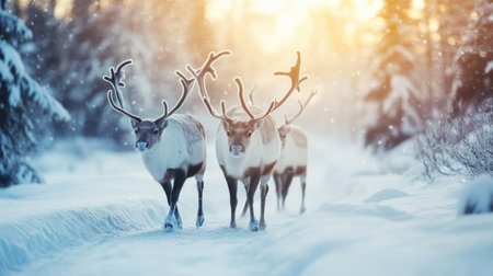 Three reindeers stroll through snowy forest terrain surrounded by trees,.の素材