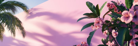 Two palm trees stand against a vibrant pink wall, creating a striking tropical scene,.の素材