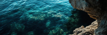 A person gazes at the water from a cliff's edge, contemplating the serene view,.の素材