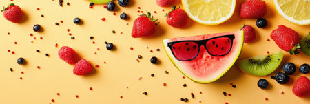 A fun slice of watermelon wearing sunglasses, surrounded by a variety of colorful fruits,.の素材