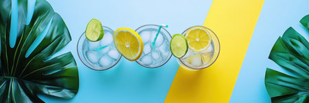 Three glasses of lemonade with two lemon slices on the side,.の素材