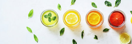 Four fruit types in a row, each adorned with vibrant green leaves,.の素材