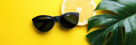 A vibrant yellow background features a pair of sunglasses alongside a fresh lemon,.の素材