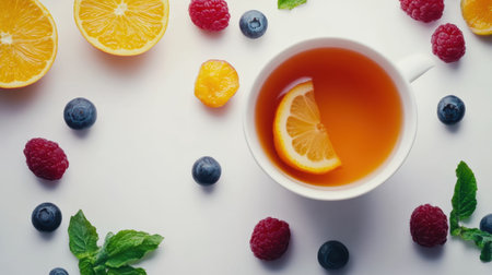 A cup of tea accompanied by a lemon slice and fresh berries,.の素材