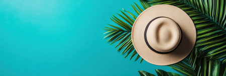 A hat resting on a palm leaf with a vibrant blue background,.の素材