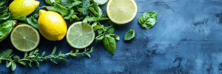 Fresh lemons, basil, and mint leaves arranged on a blue surface for a vibrant display,.の素材