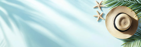 A close-up view of a hat resting on a palm tree with starfish scattered around,.の素材