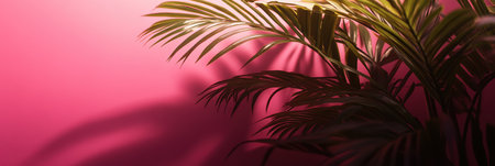 A green plant positioned against a vibrant pink wall,.の素材