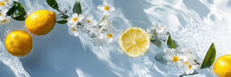 Lemons and flowers float gracefully in a tranquil pool of water,.の素材