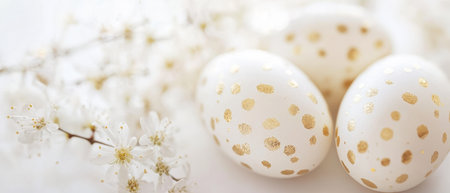 Three white eggs with golden spots resting on a smooth white surface,.の素材
