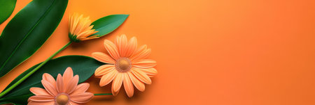 Two orange flowers with green leaves against a vibrant yellow background,.の素材