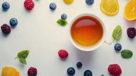 A cup of tea surrounded by fresh fruit and mint leaves creates a refreshing scene,.の素材