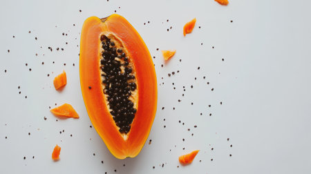 Half of a papana with seeds displayed on a surface,.の素材