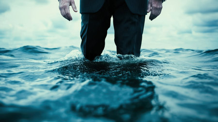A man in a formal suit stands confidently in shallow water, creating a striking contrast between elegance and the natural setting,.の素材