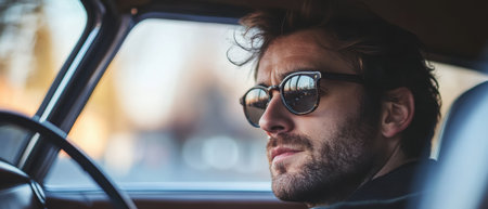 A man wearing sunglasses is seated in a car, gripping the steering wheel.の素材