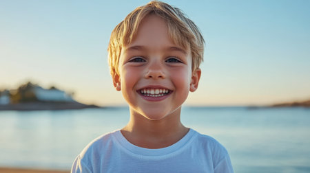 A cheerful young boy poses with a smile for the camera while enjoying a sunny day at the beach, surrounded by sand and ocean waves.の素材