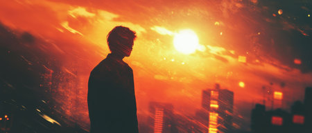 A man stands in the rain before a city skyline, capturing a moment of solitude and urban life.の素材