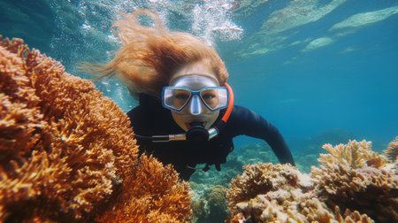 A woman in a diving suit swims above vibrant coral reefs.の素材