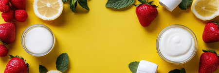 Fresh strawberries and lemons alongside cream on a vibrant yellow surface,.の素材