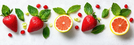 A colorful assortment of fruits and vegetables displayed neatly in a row,.の素材