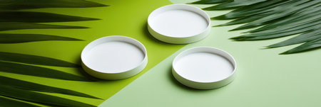 Three white bowls on a green background with a palm leaf accent,.の素材