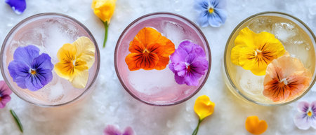 Three glasses of water topped with flowers and ice cubes for a refreshing look,.の素材
