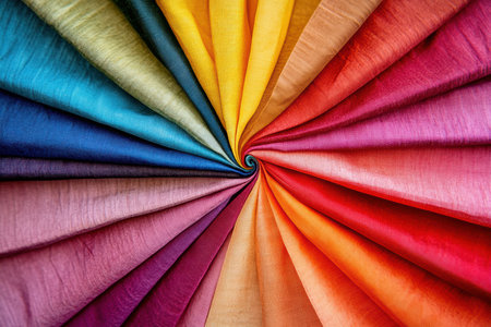 A vibrant fabric featuring rainbow colors and a central black hole detail,.の素材