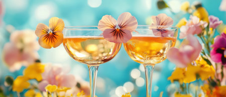 Two glasses of wine are elegantly displayed with flowers softly blurred in the background,.の素材
