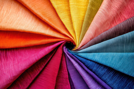 A vibrant close-up of colorful fabric against a sleek black background,.の素材