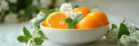 A bowl filled with oranges sits next to white flowers on a table,.の素材