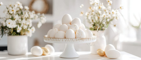 A white cake plate holds numerous white eggs arranged neatly,.の素材