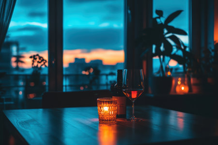 A candle and a glass rest on a table beside a window, creating a cozy atmosphere,.の素材