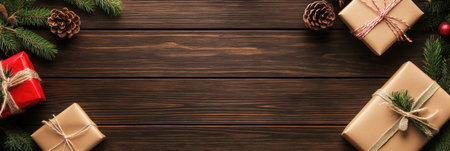 A detailed view of a Christmas wreath surrounded by neatly wrapped brown paper presents,.の素材