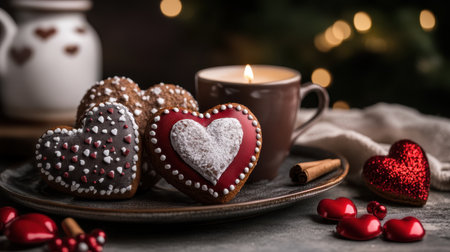 Three heart-shaped cookies rest on a plate beside a steaming cup of coffee, creating a cozy and inviting scene perfect for a sweet treat,.の素材