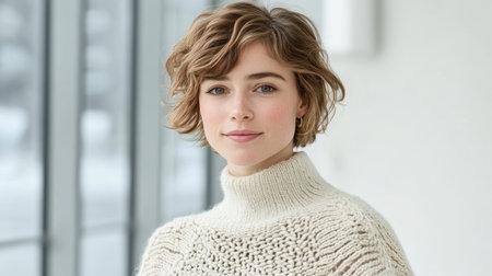 A woman poses confidently in a stylish sweater, showcasing her fashion sense and personality in a captivating photograph.の素材